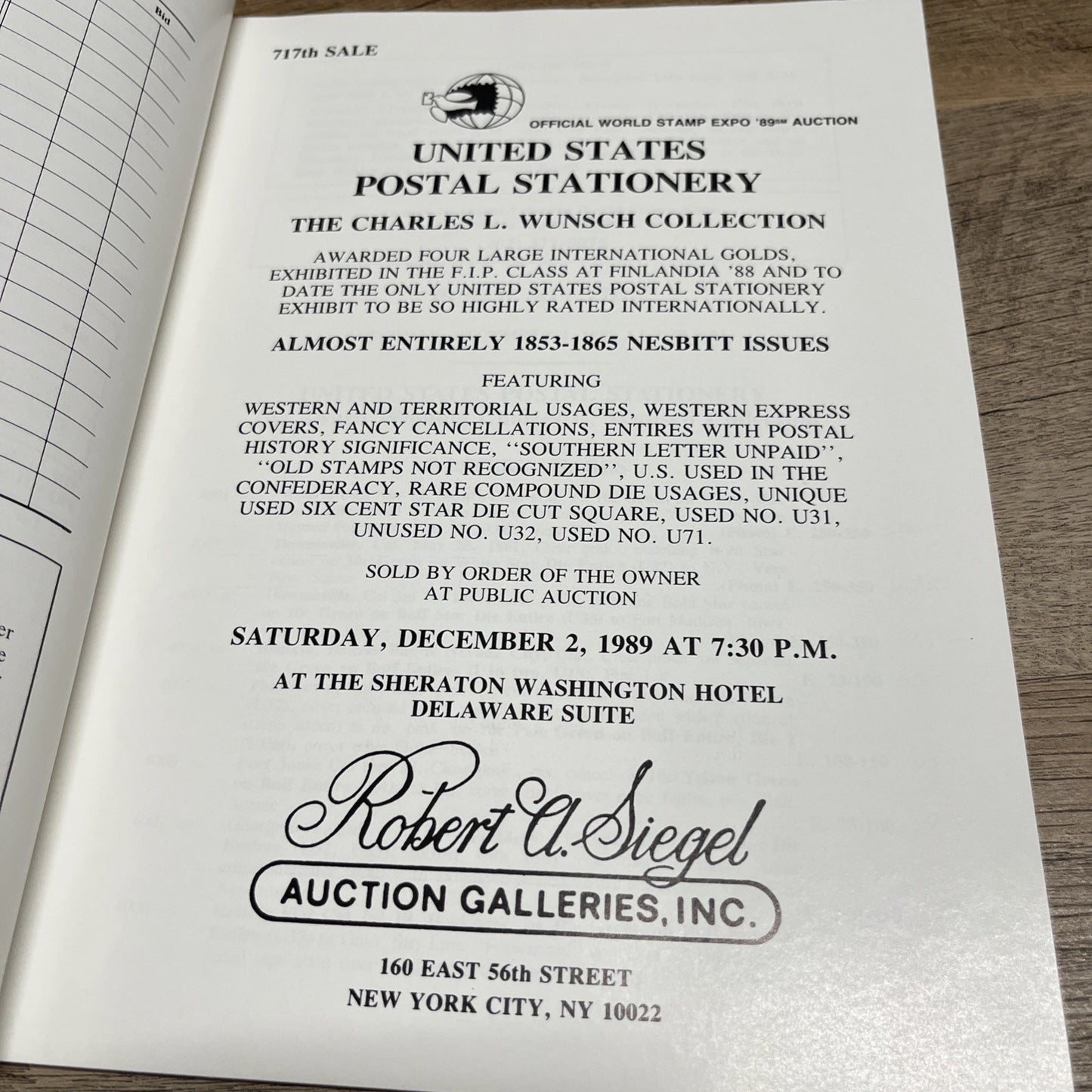 United state postal stationery 717th Sale Charles L. Wunsch Collection,1989