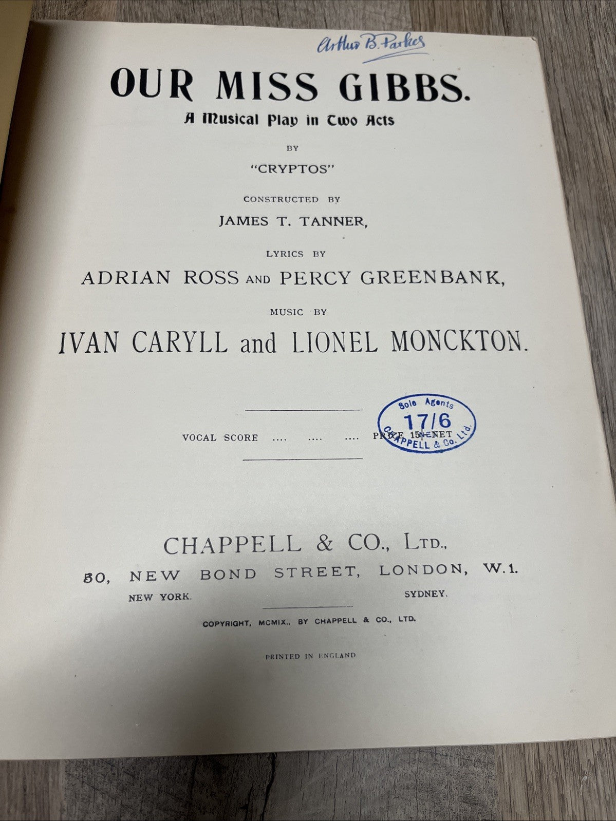 OUR MISS GIBBS BY CRYPTOS 1909 SHEET MUSIC IVAN CARYLL LIONEL MONCKTON 1909