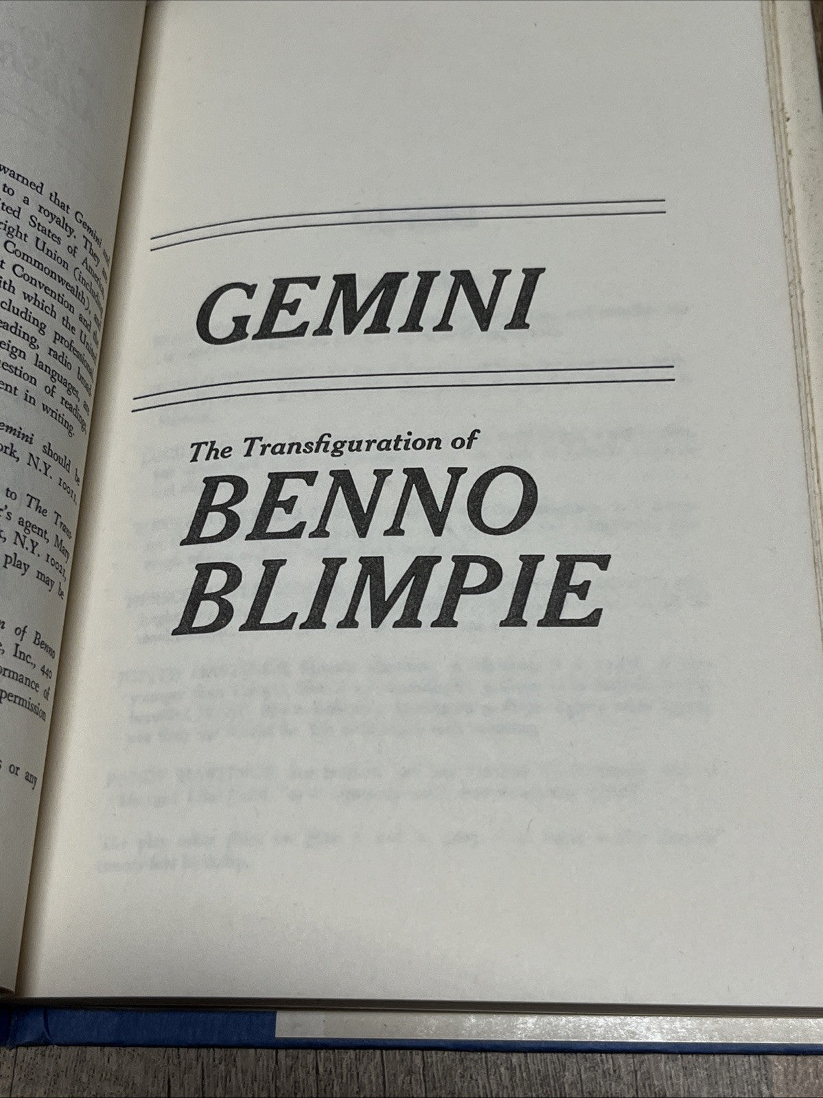 TWO PLAYS BY Albert Innaurato - GEMINI THE TRANSFIGURATION OF BENNO BLIMPIE 1978