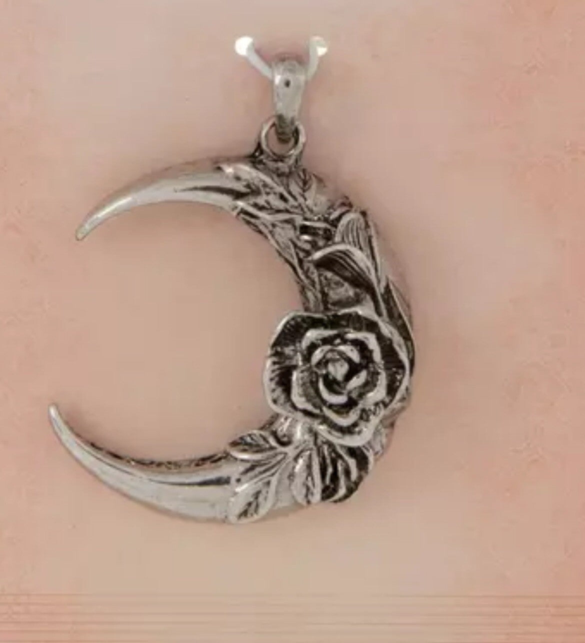 Crescent Lunar Moon Necklace Floral Rose Amulet Pendant Silvertone