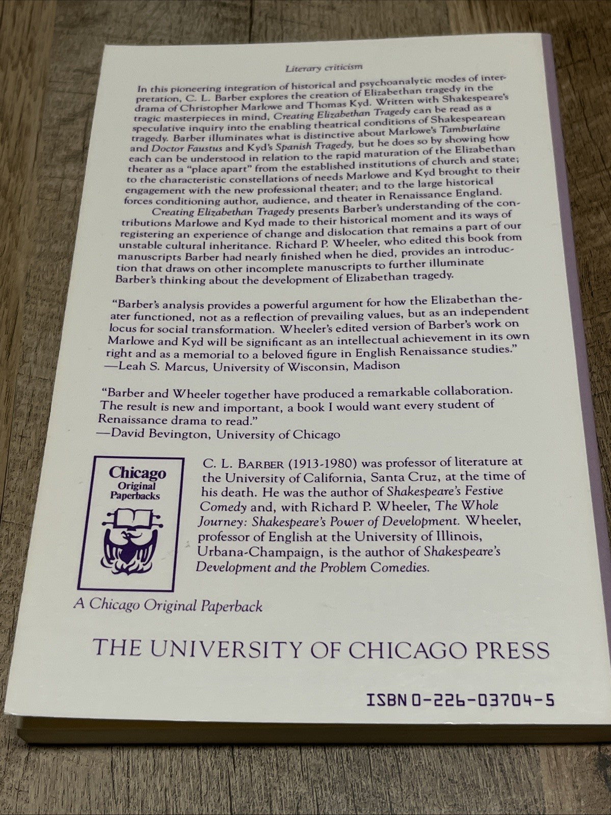 CREATING ELIZABETHAN TRAGEDY: THE THEATER OF MARLOWE AND By C. L. Barber VG