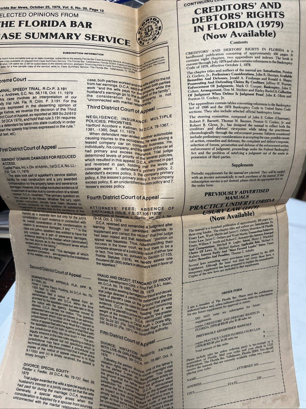 Florida Bar News October 25, 1979, Issue Volume 6, Number 20 Newspaper 12 Pages