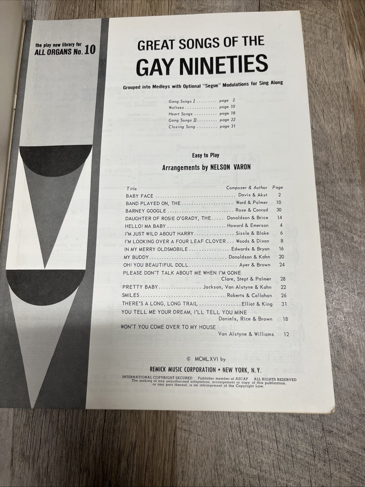 Great Songs of the Gay Nineties arrangements Nelson Varon,All Organs No.10 1966