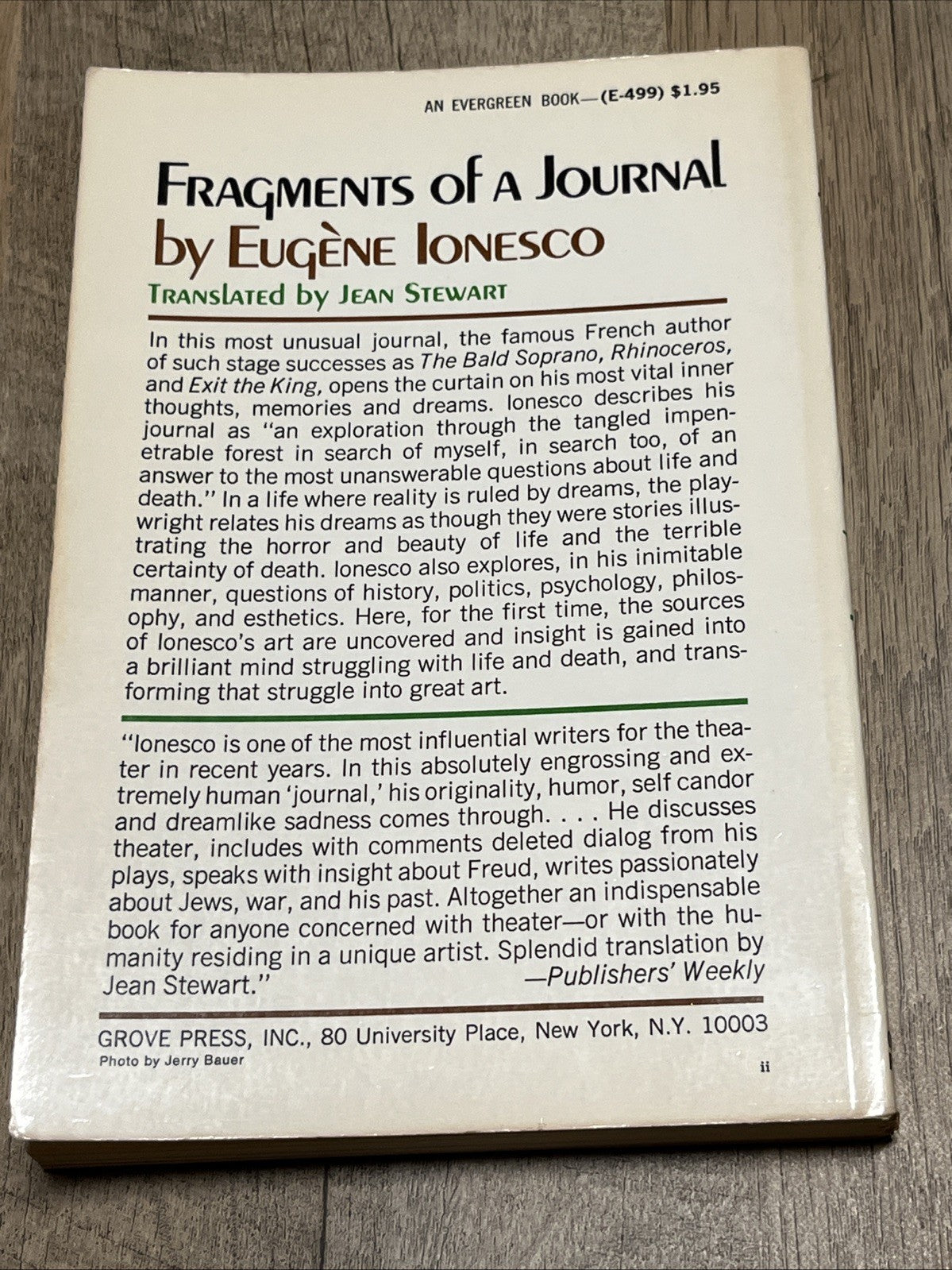 Fragments of a journal, Eugene Ionesco, paperback, 1st Evergreen edit.,USA, 1969