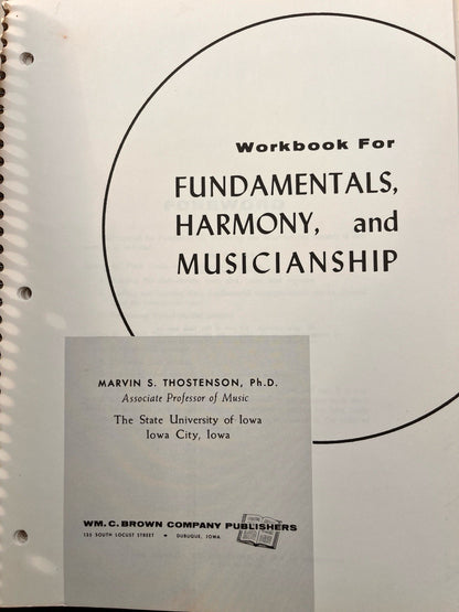 Workbook For Fundamentals, Harmony, and Musicianship Marvin S. Thostenson