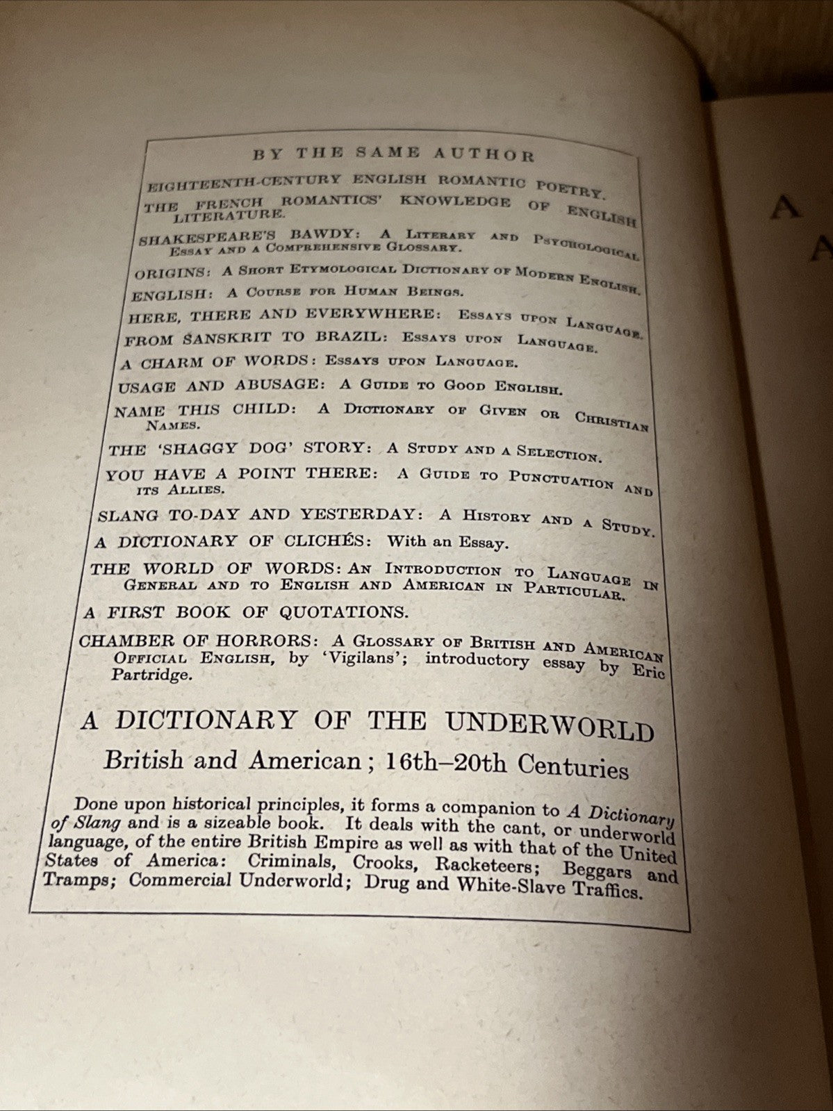 A Dictionary of SLANG and Unconventional English Eric Partridge 1961 5th Edition
