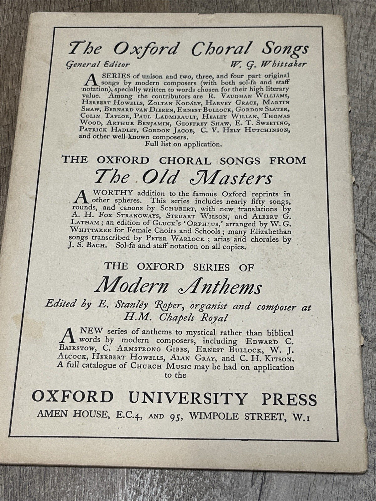 The Oxford Choral Songs from The OLD MASTERS Rounds And Canons By Mozart 1928