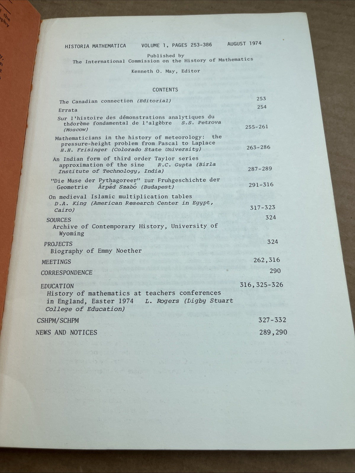Historia Mathematica, Vol. 1, PP.253-386 / August  1974 International Journal..