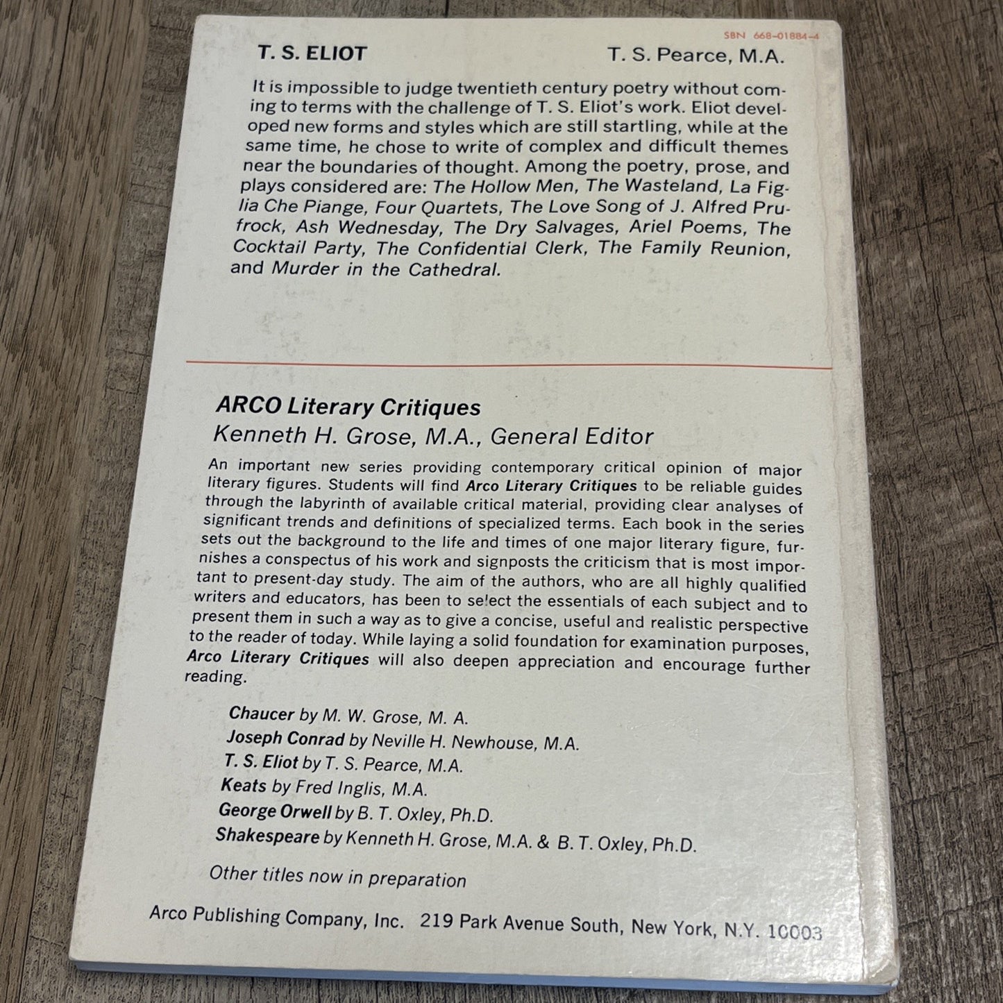 Literary Critiques Book About T.S. Eliot by T.S. Pearce 1967  Paperback
