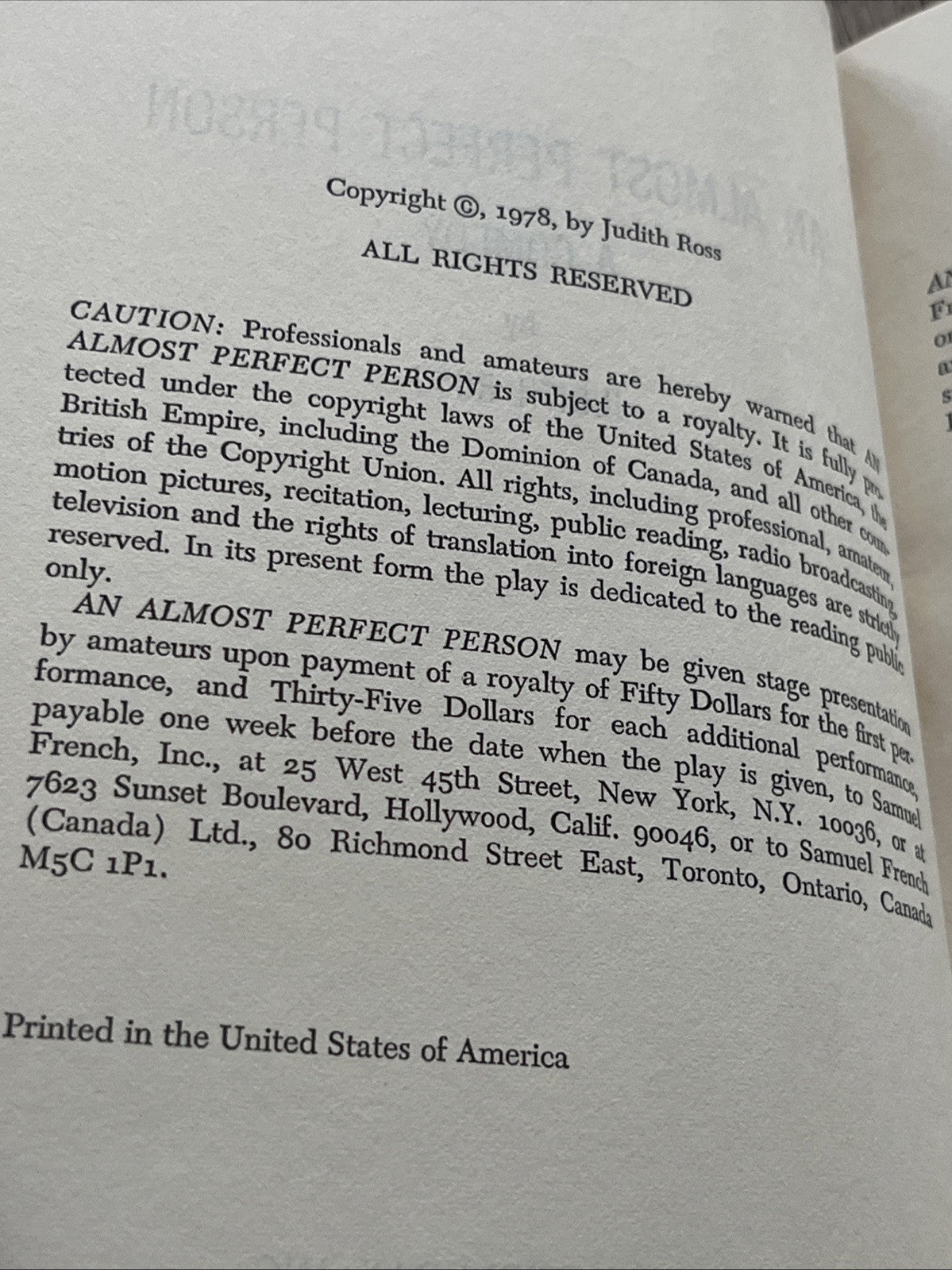 Judith Ross AN ALMOST PERFECT PERSON  Book Club Edition