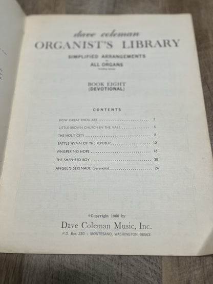 Dave Coleman Organist's Library Bk 8 Devotional '66 Simplified Organ Songbook B4