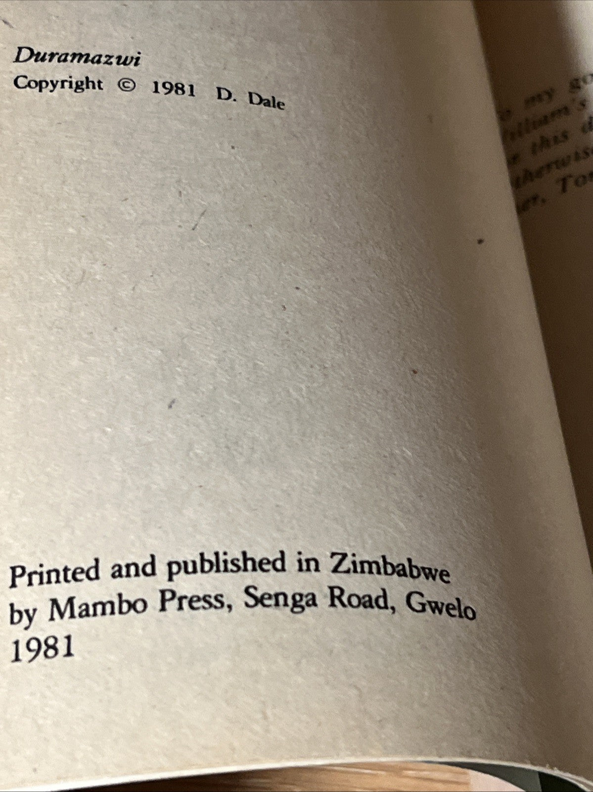 Duramaxwi : A Basic Shona-English Dictionary 1st Edition by D. Dale 1981