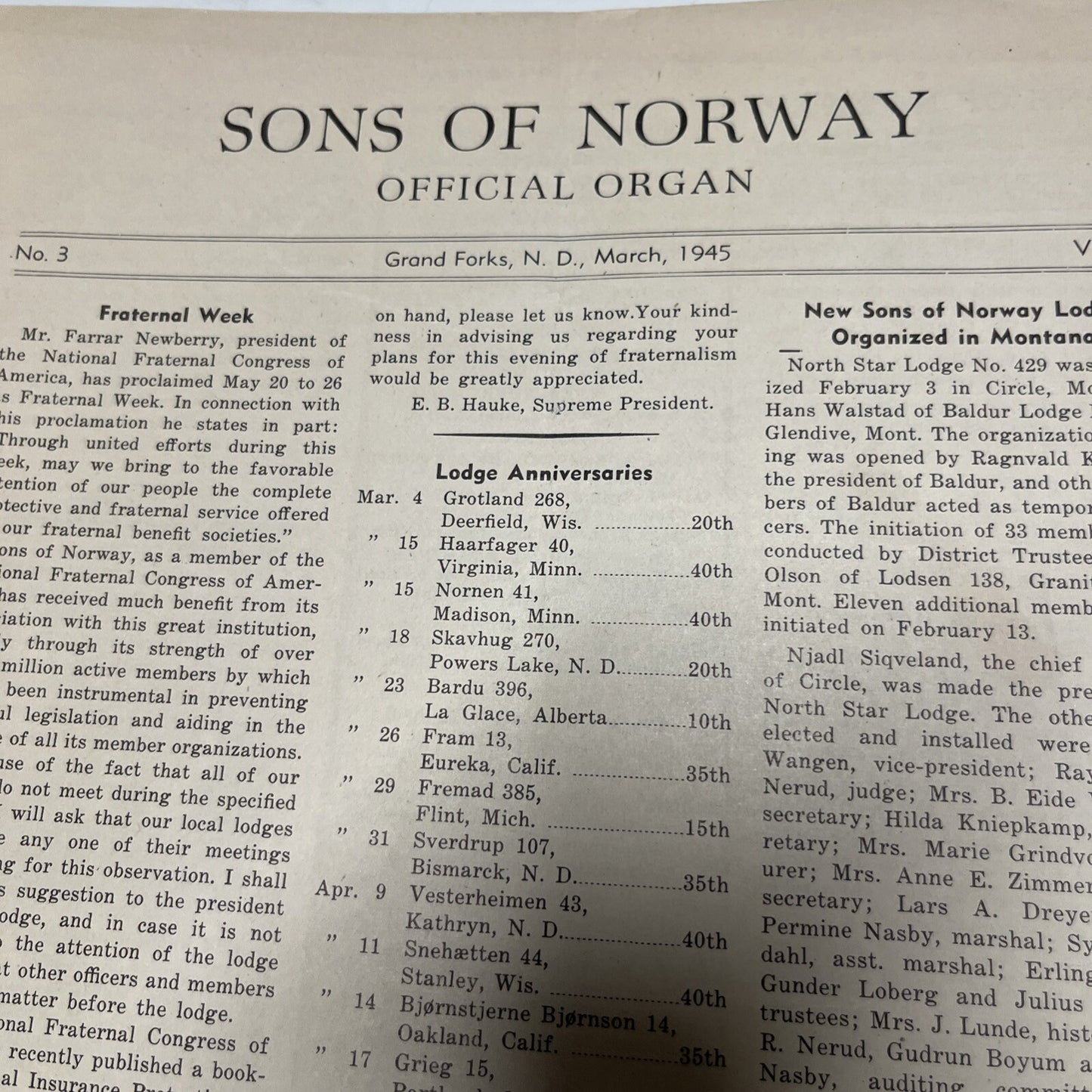 Feb 1945, No.3  Vol.42  Sons of Norway Pre-Viking Magazines Grand Forks,N.D