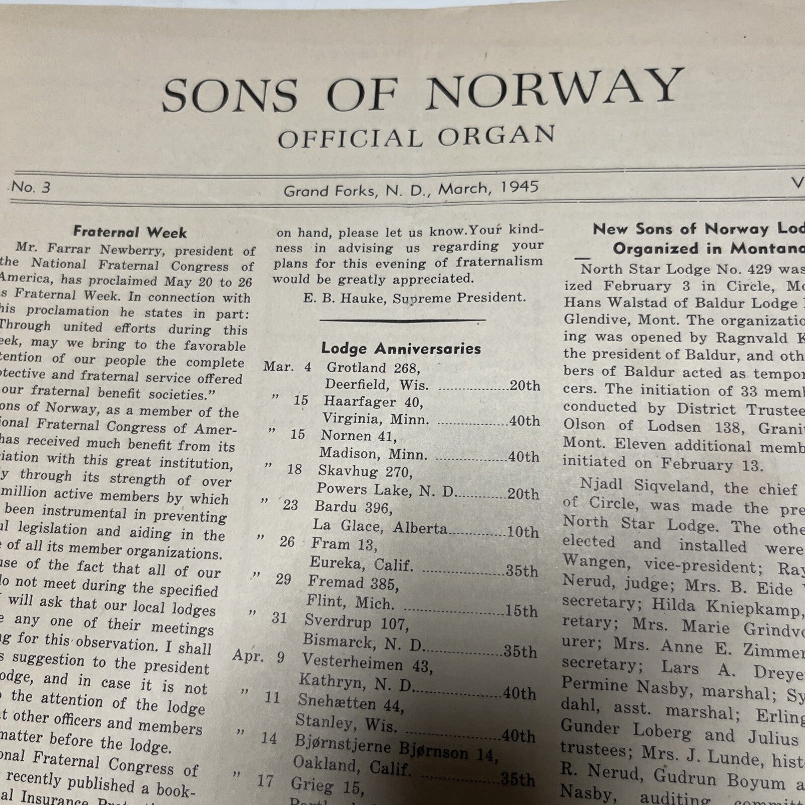 Feb 1945, No.3  Vol.42  Sons of Norway Pre-Viking Magazines Grand Forks,N.D