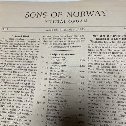Feb 1945, No.3  Vol.42  Sons of Norway Pre-Viking Magazines Grand Forks,N.D