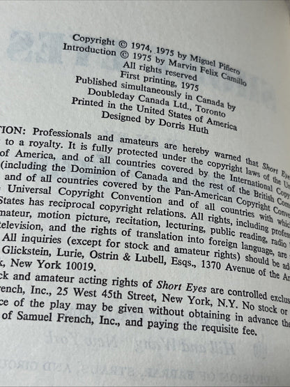 Short Eyes Best American Play 1973-1974 NY Drama Critics Award By MIguel Pinero