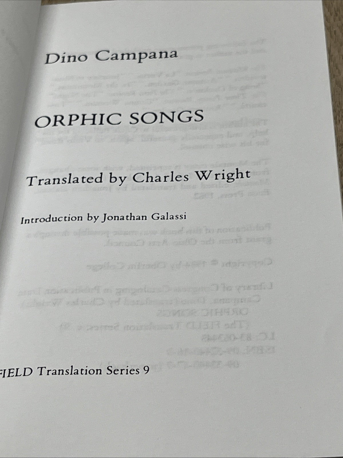Dino Campana Orphic Songs Translated By Charles Wright Field Translated Series 9