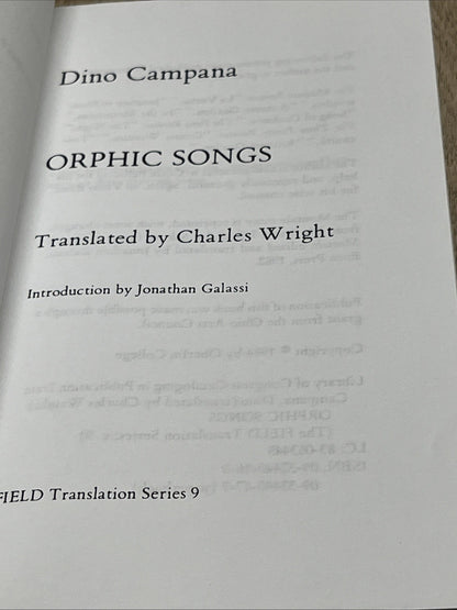 Dino Campana Orphic Songs Translated By Charles Wright Field Translated Series 9