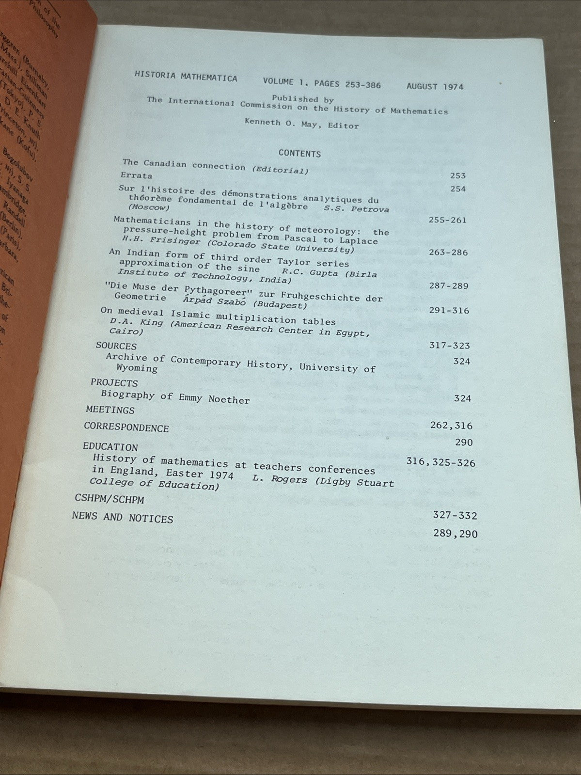Historia Mathematica, Vol. 1, PP.253-386 / August  1974 International Journal..