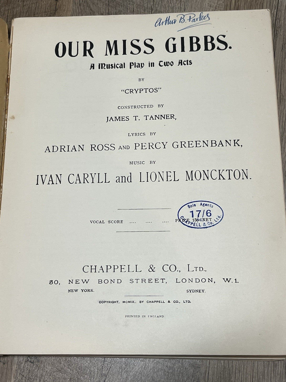 OUR MISS GIBBS BY CRYPTOS 1909 SHEET MUSIC IVAN CARYLL LIONEL MONCKTON 1909