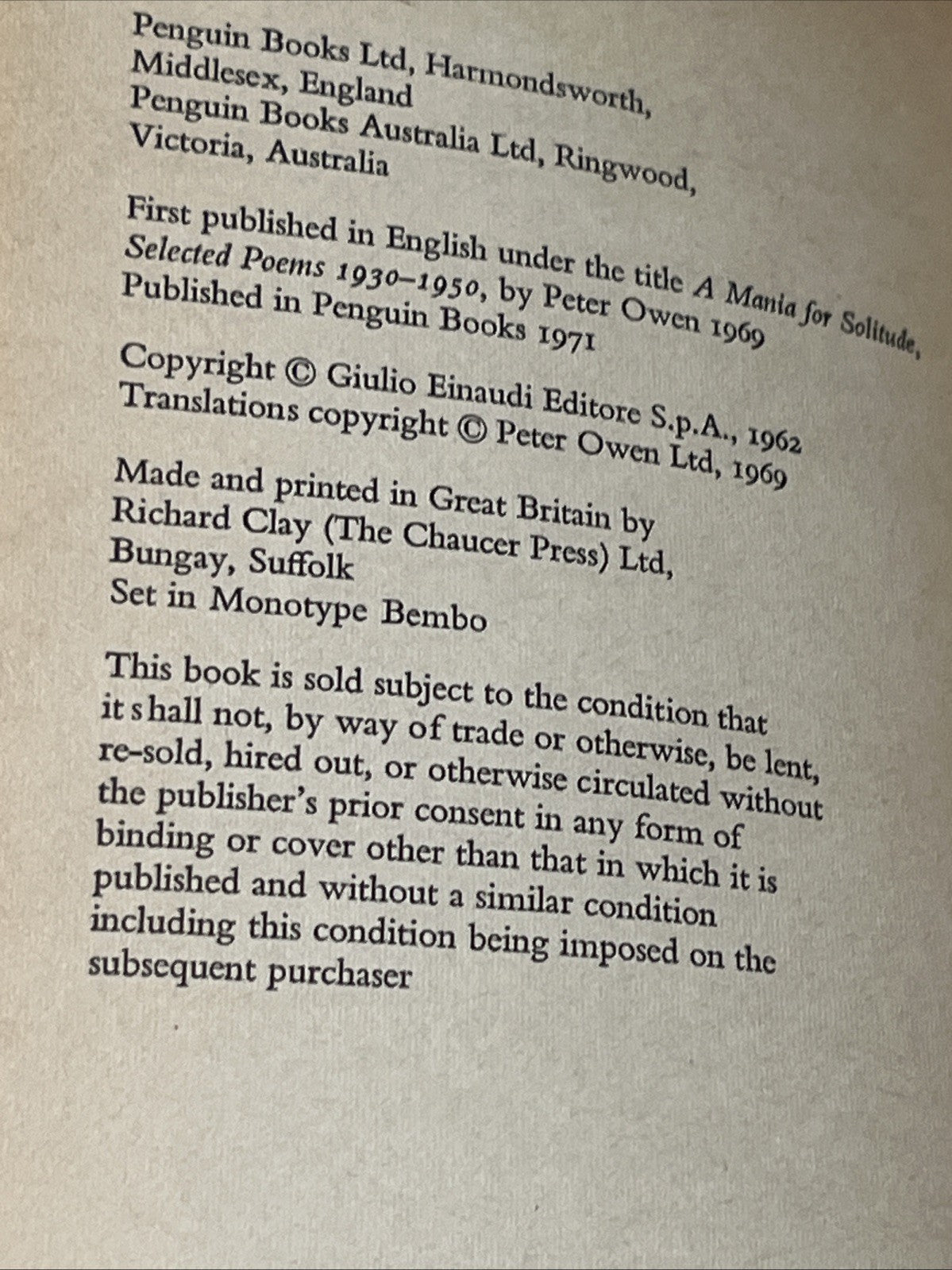 Cesare Pavese Selected Poems, Penguin Modern European Poets. Ex Library 1969