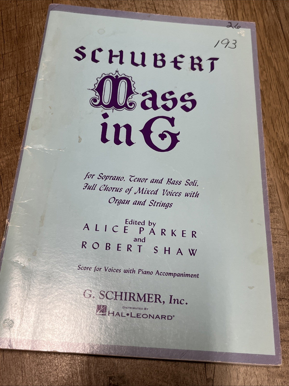 Schubert Mass In G Soprano Tenor Bass Full Chorus Organ Strings 1954