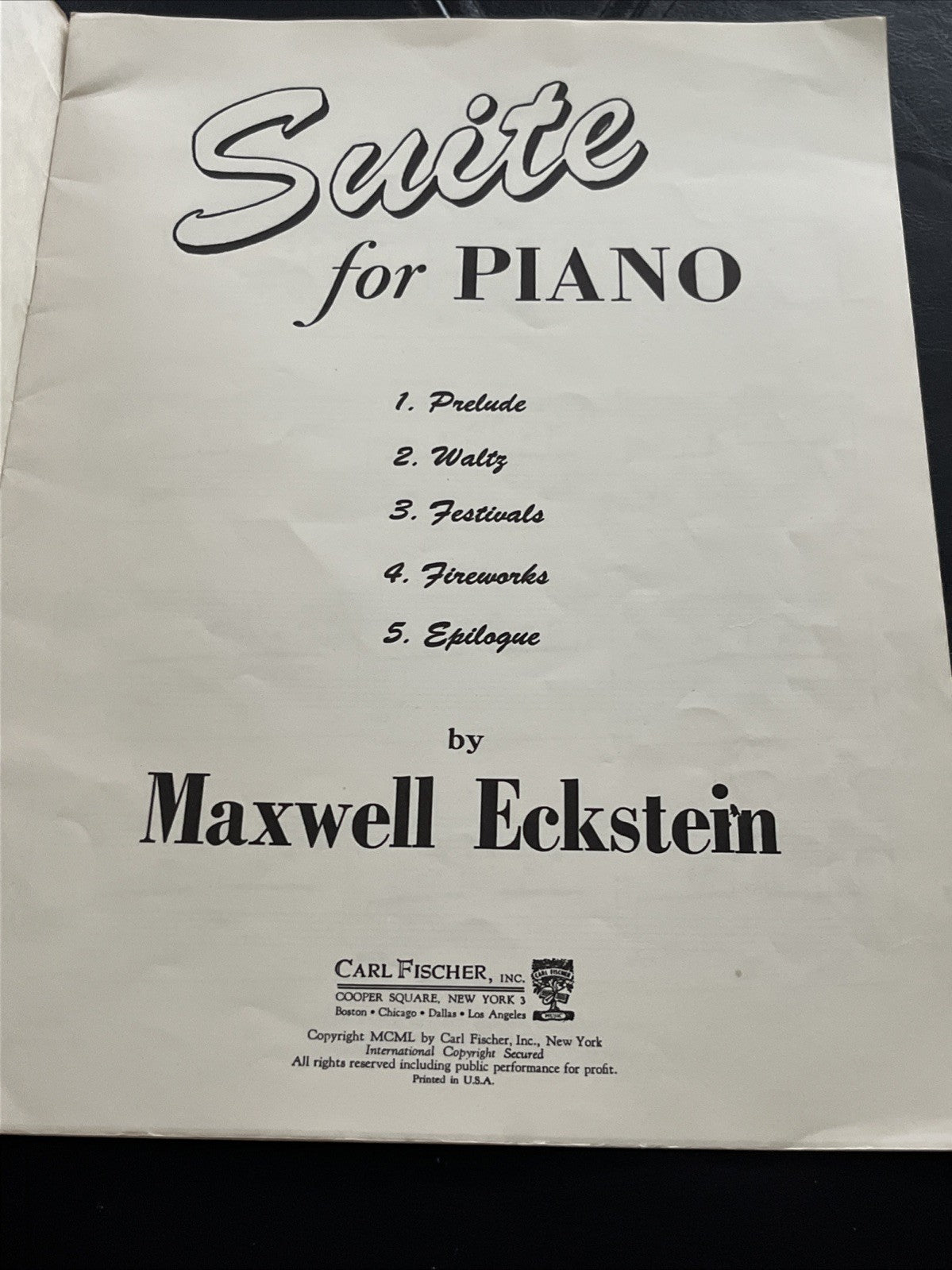 Suite For Piano Maxwell Eckstein Sheet Music Book Carl Sischer Sheet Music 1950