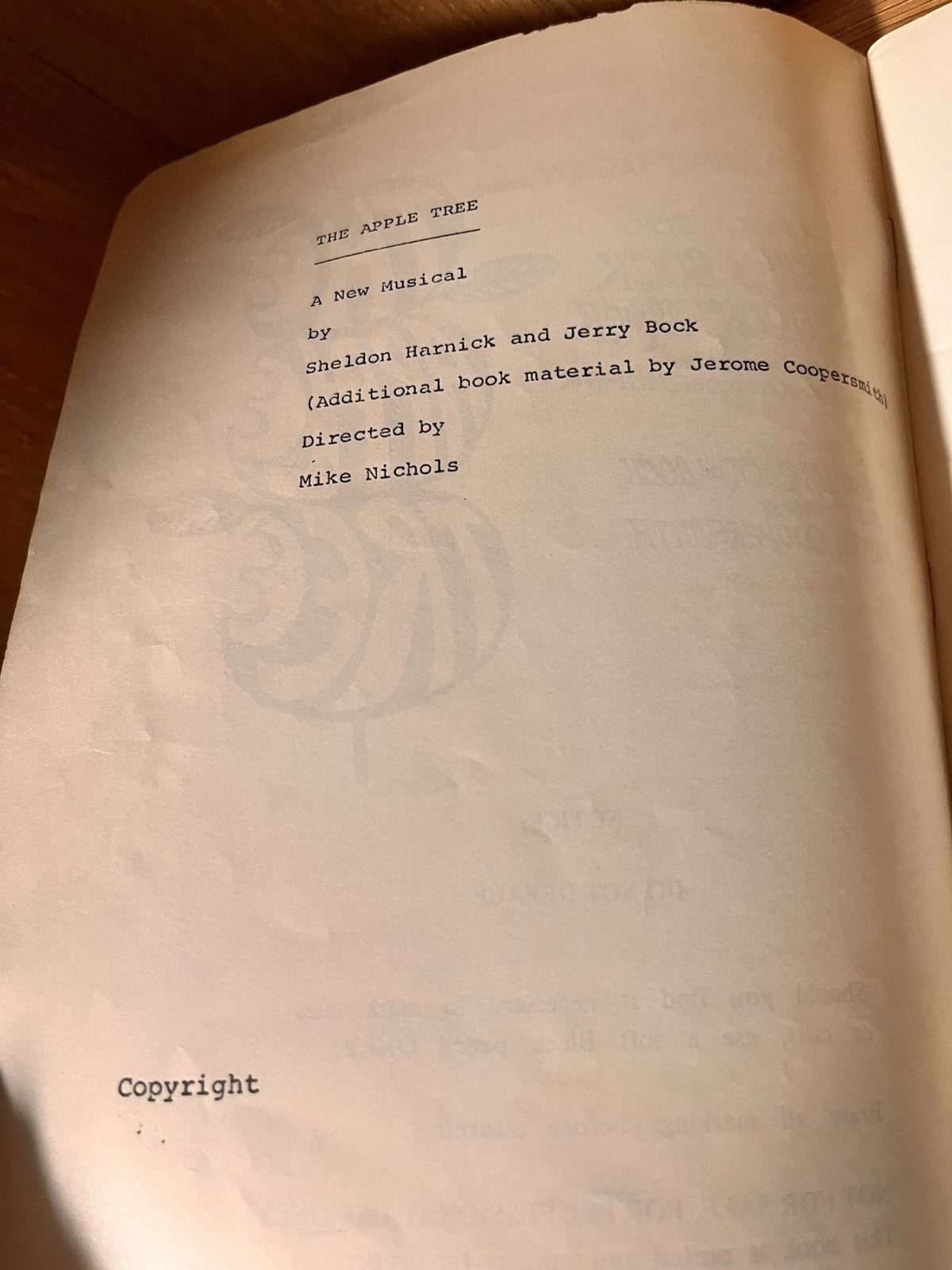 libretto for "The Apple Tree," A New Musical by Jerry Bock & Sheldon Harnick