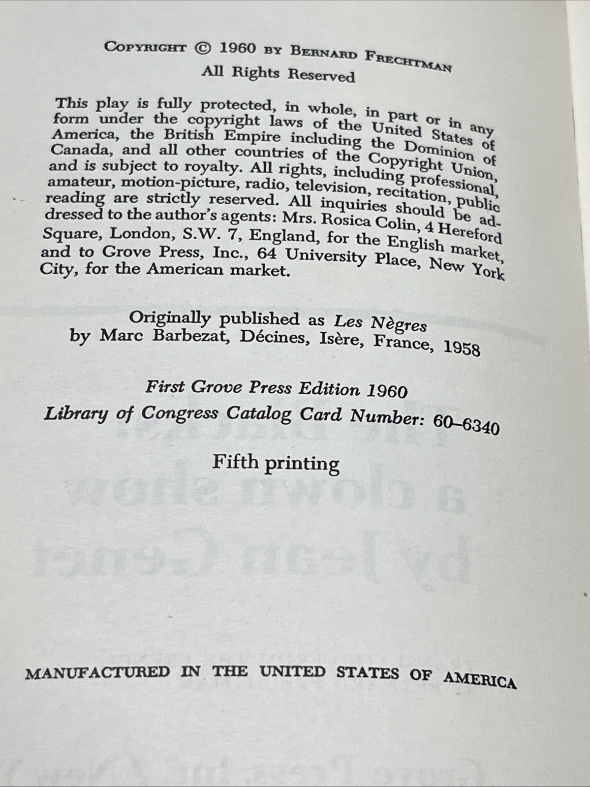 The Blacks: A Clown Show By Jean Genet 1st Grove Press, 5th Printing 1960