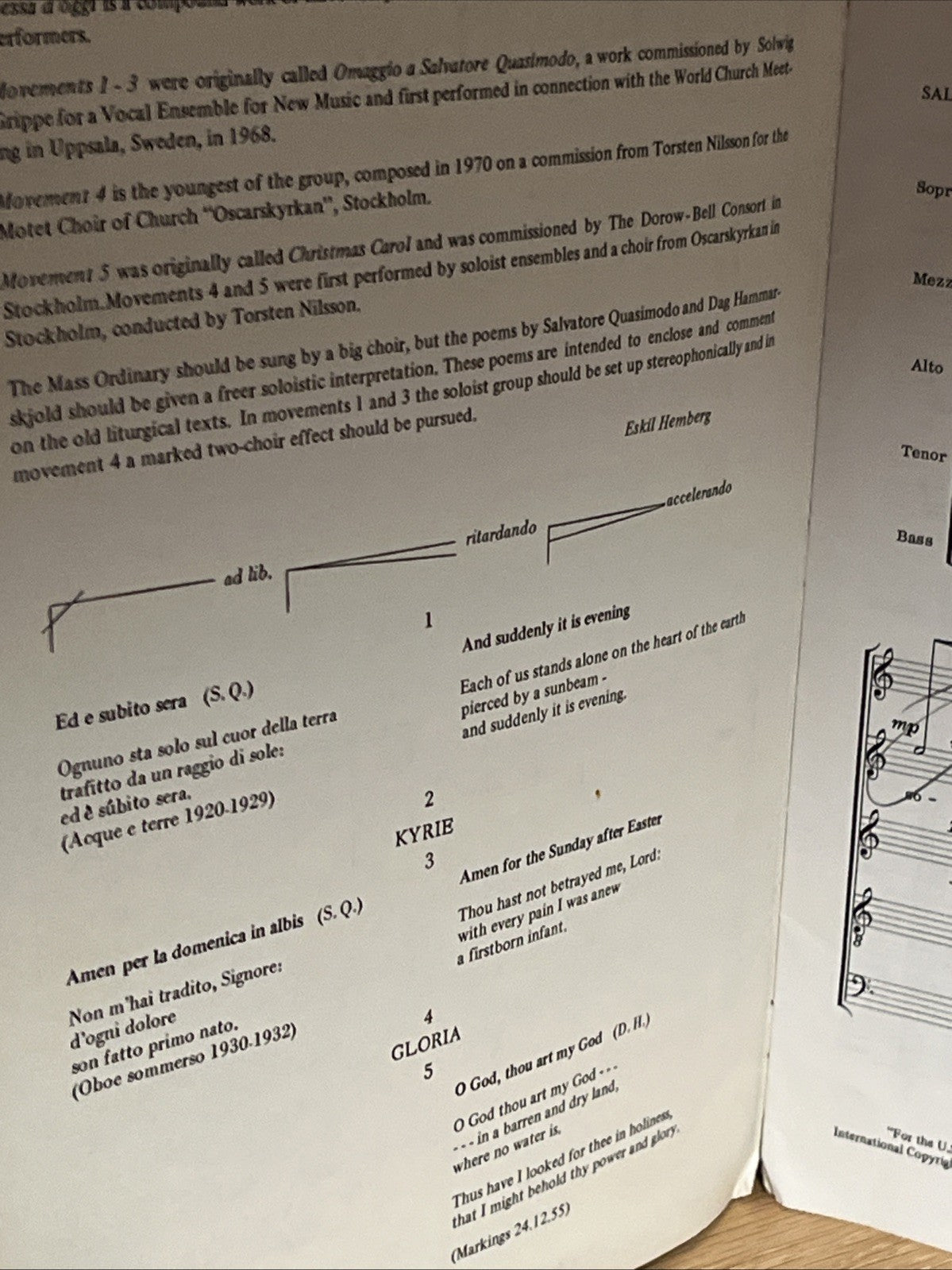 Eskil Hemberg  Messa d'oggi  for five solo voices and mixed chorus op. 23