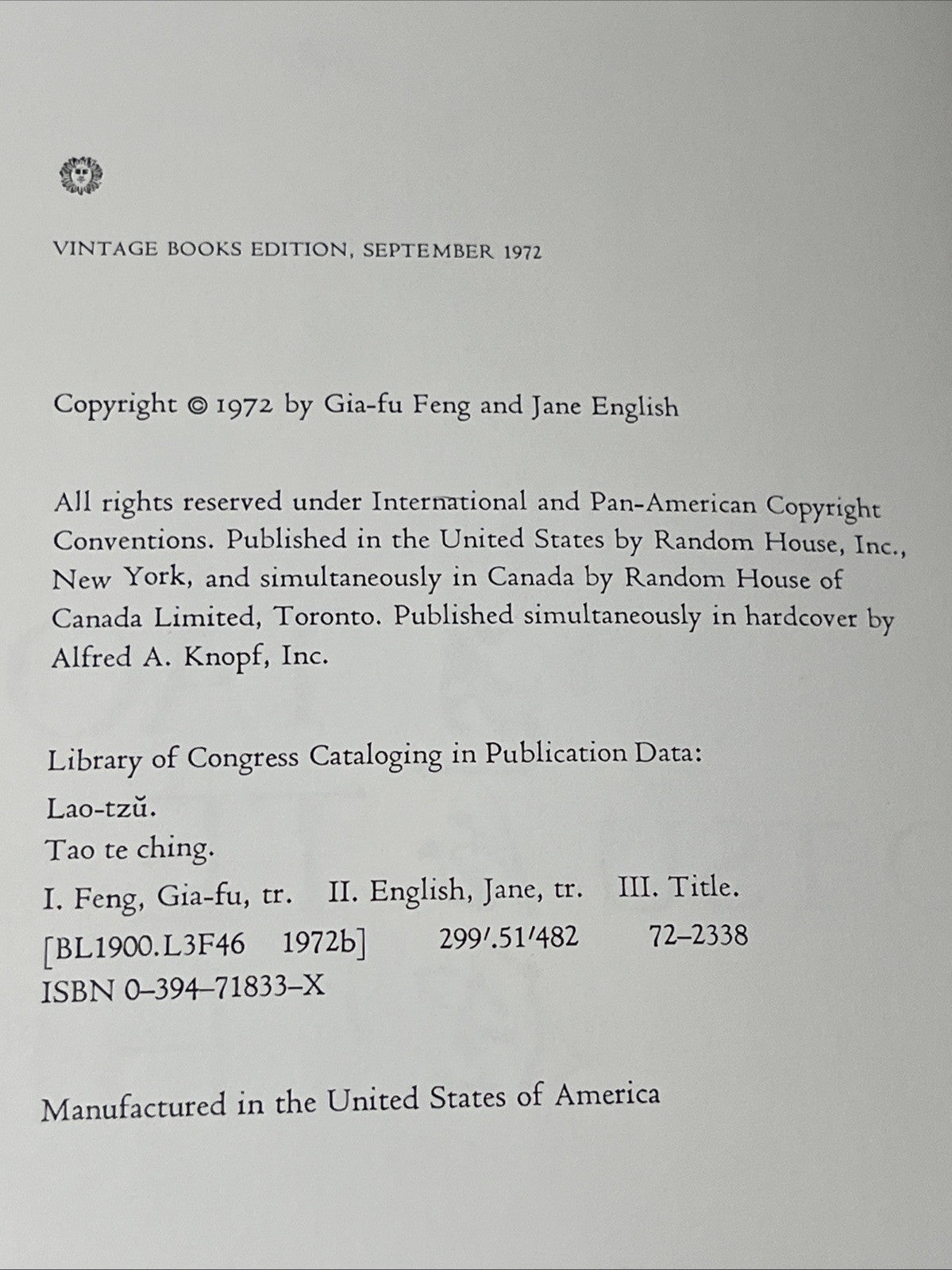 TAO LAO TSUTE CHING By Gia-Fu Feng (1972)