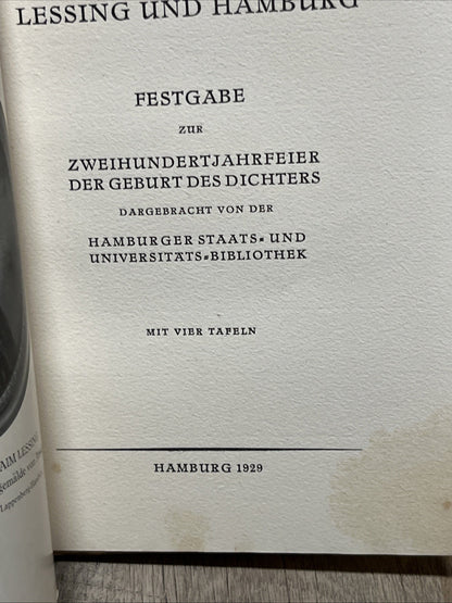 Lessing und Hamburg Festgabe Zur Zweihundertjahrfeier Erstausgabe 1729-1929