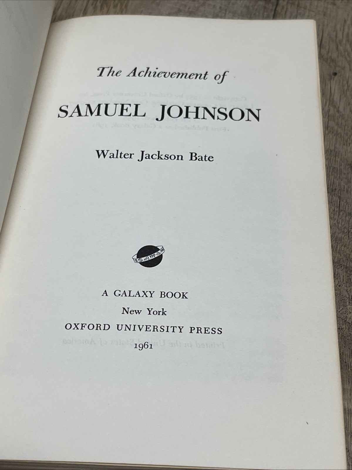 The Achievement Of Samuel Johnson 1st Ed as a Galaxy Book Walter Jackson Bate