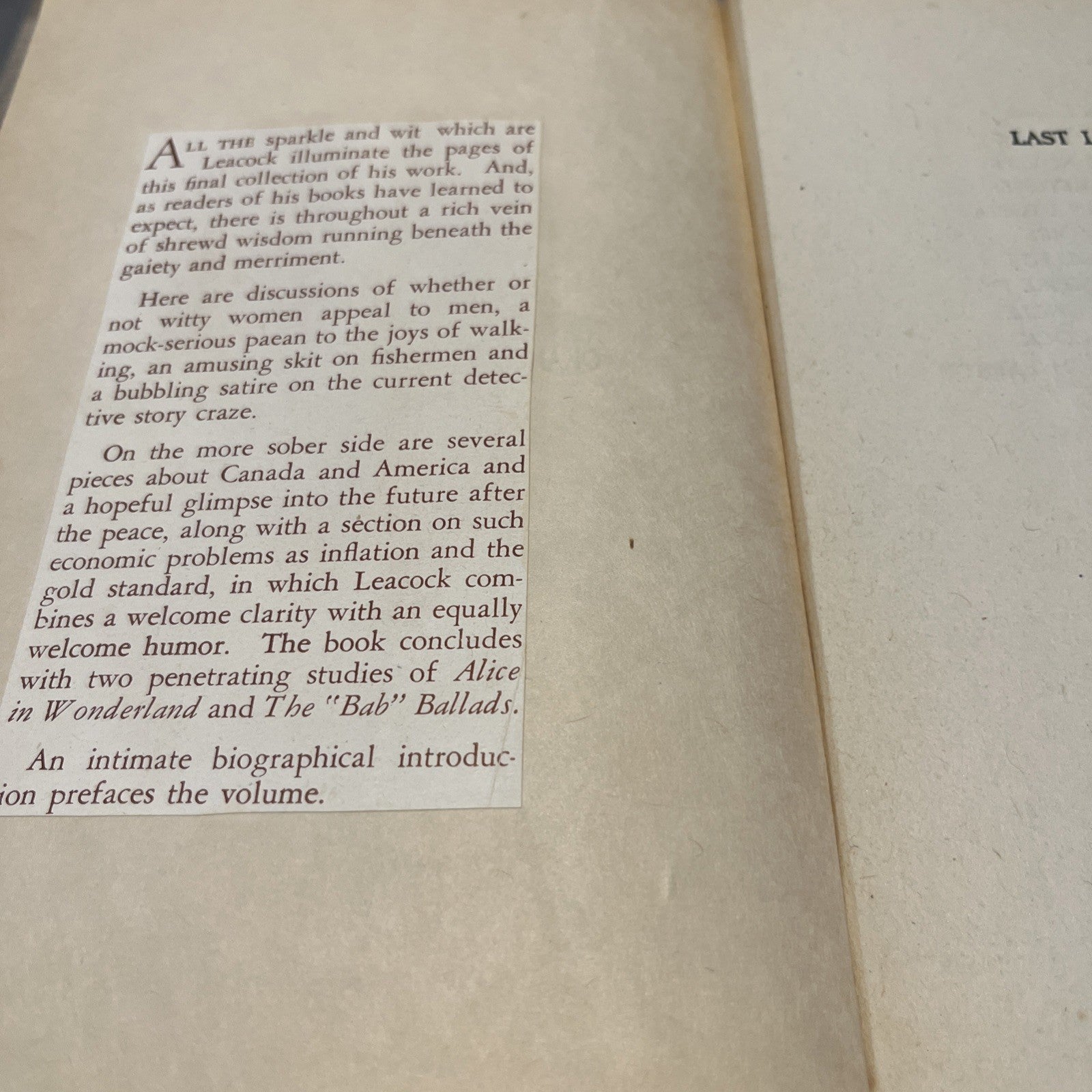 Stephen Leacock :  Last Leaves by Stephen Leacock First Edition 1945 Hardcover