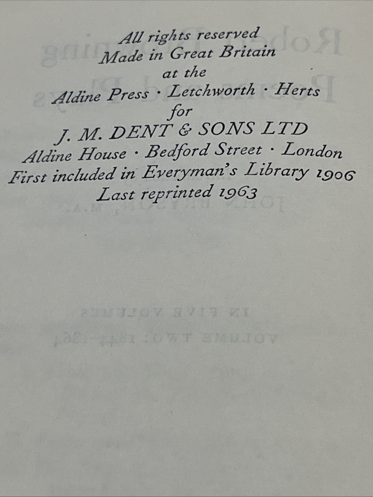 Robert Browning Poems and Plays Vol 2 : 1844-1864, Everyman's Library , 1967