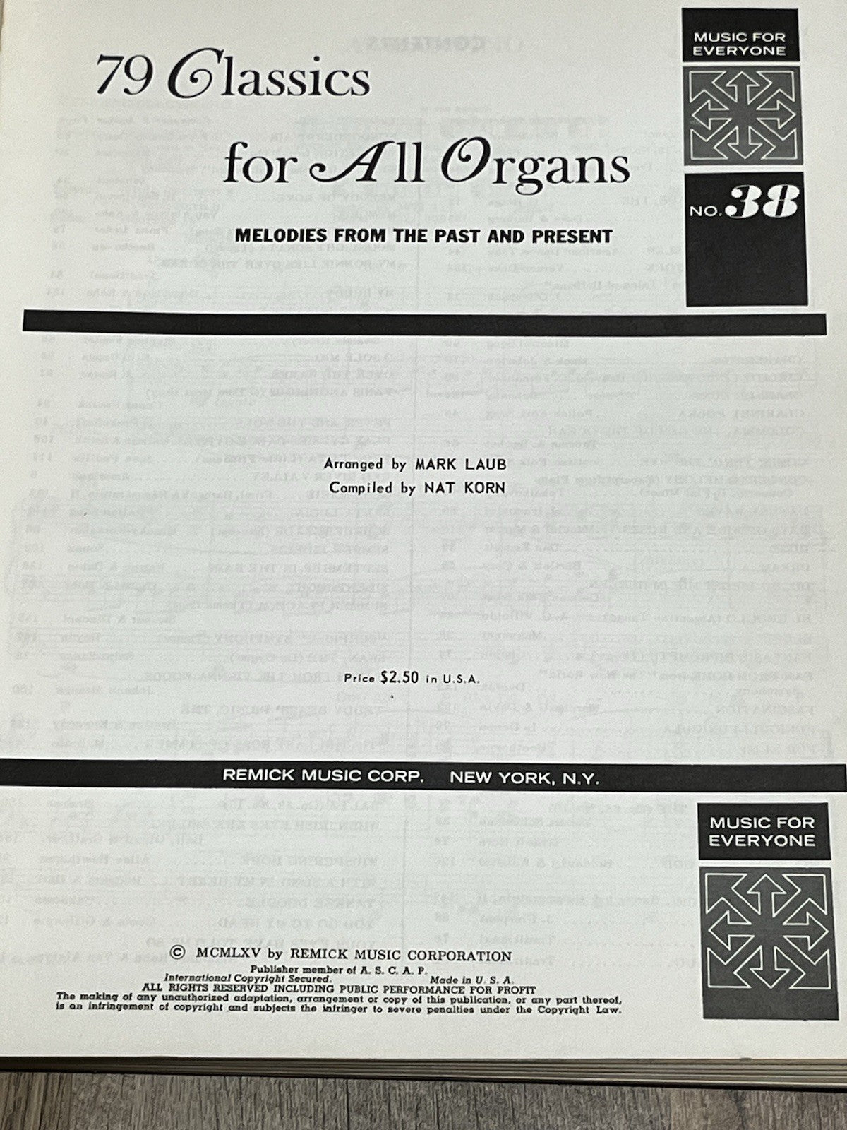79 Classics for All Organs, Music for Everyone no 38 Remick 1965 Arr. Mark Laub