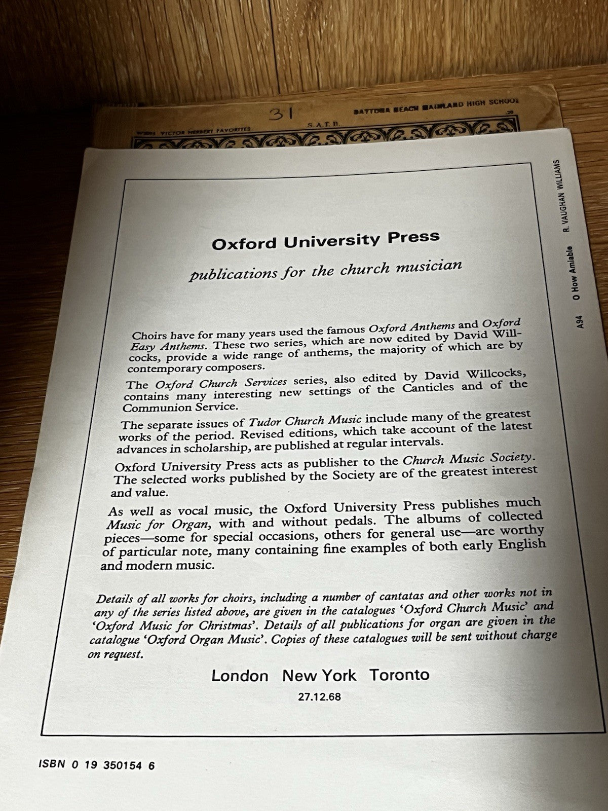 Oxford Anthems Choir Sheet mixed Voices Cappella chorus Laurel Octavo 1912/40/50
