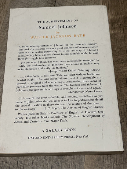The Achievement Of Samuel Johnson 1st Ed as a Galaxy Book Walter Jackson Bate