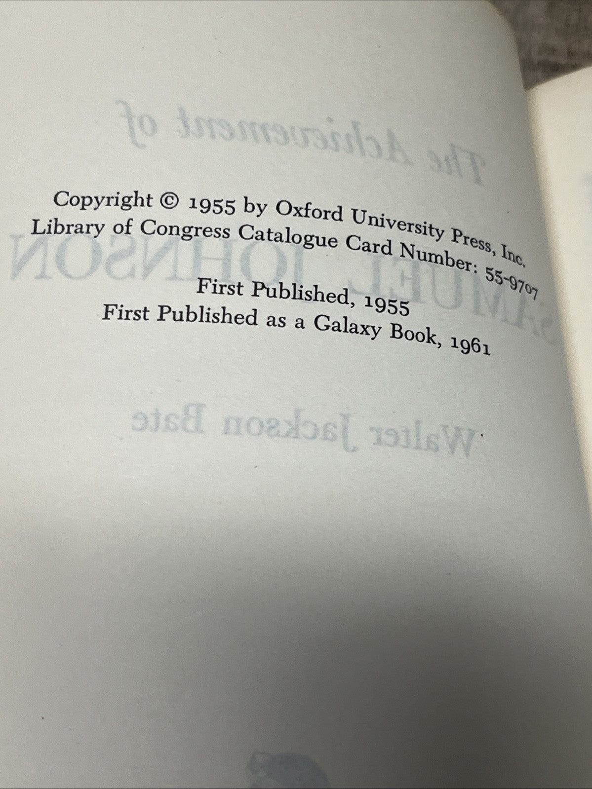 The Achievement Of Samuel Johnson 1st Ed as a Galaxy Book Walter Jackson Bate