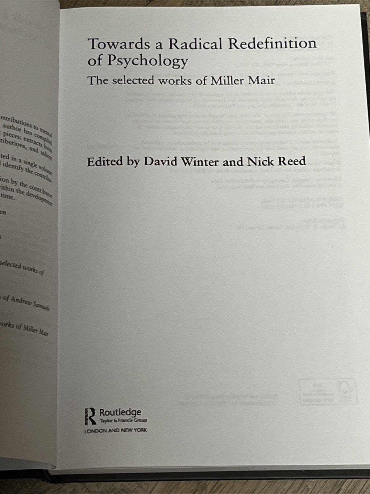 Towards a Radical Redefinition of Psychology: The selected works of Miller Mair 