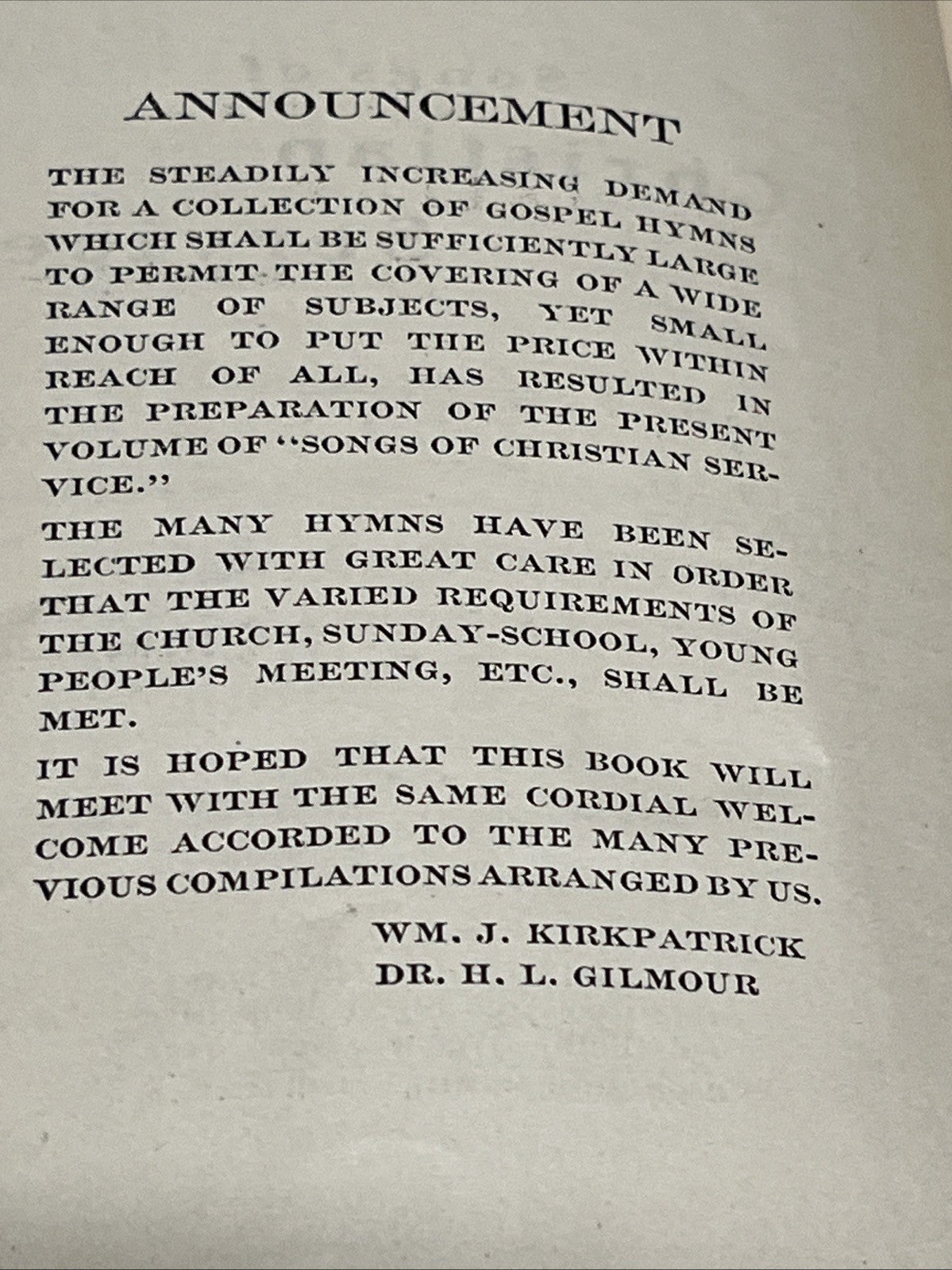 Songs of Christian Service 1903 By Kirkpatrick and Dr H.L Gilmour , Hall Mack Co