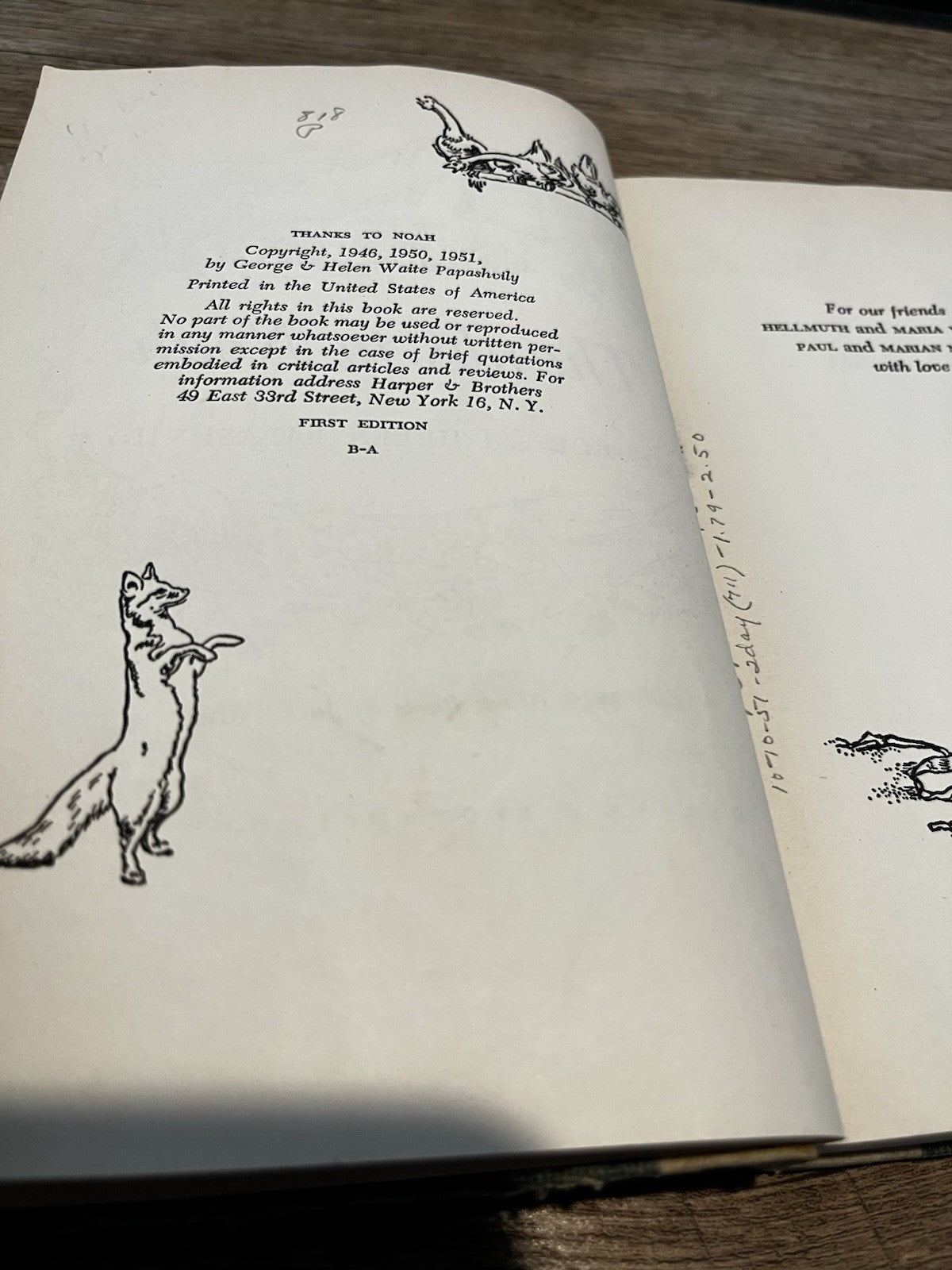 Thanks To Noah George And Helen Papashvily  HC 1951 Vintage Book