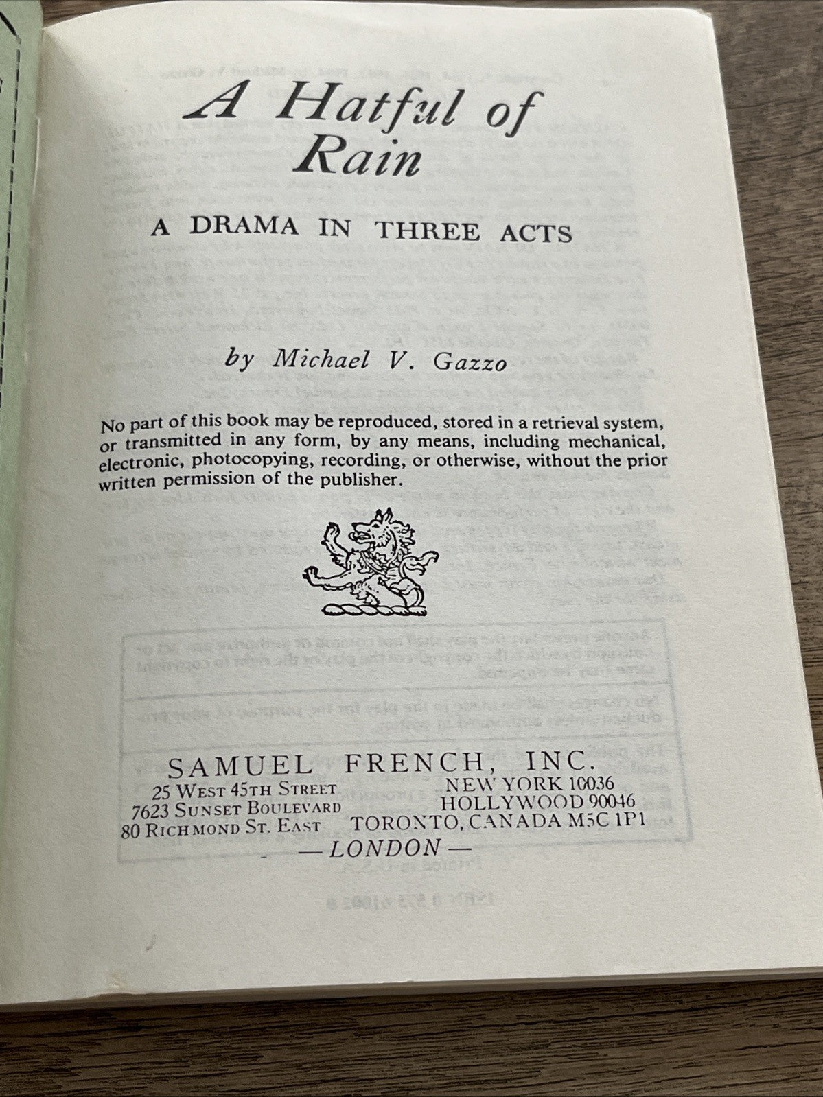 A Hatful of Rain Michael V. Gazzo ~ Acting Edition ~ Script Play ~ 1984