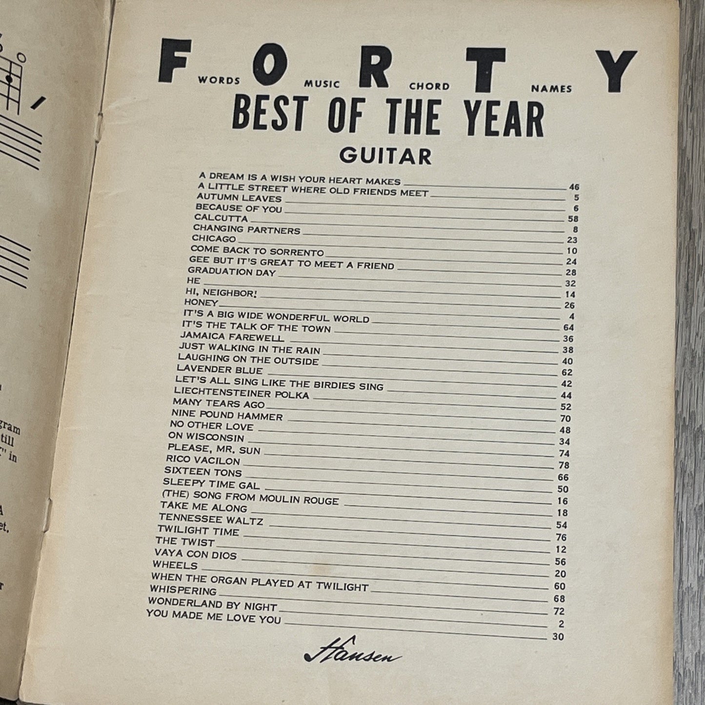 Forty Best Of The Year For Guitar Song Sheet Book 1962 Words, Music,Chord, Names