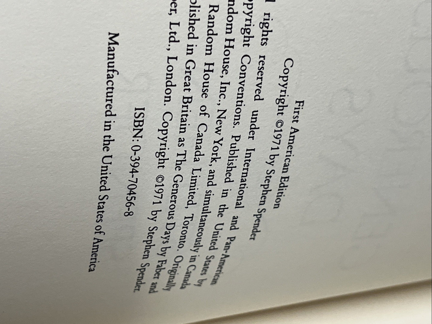 The Generous Days by Stephen Spender First 1st Edition VG PB 1971