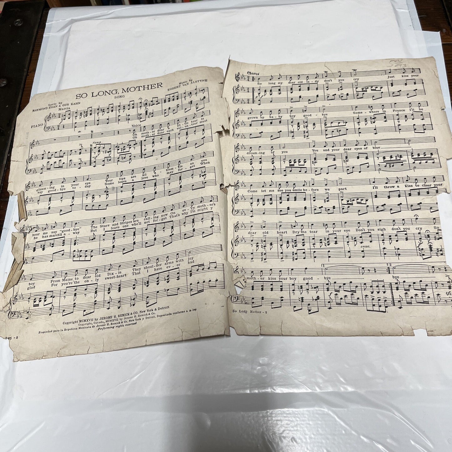 So Long, Mother (1917)  Al Jolson, WW1 Era Vintage Original Sheet Music See pic