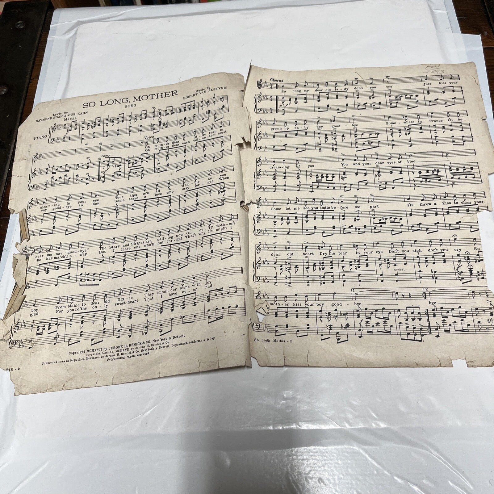 So Long, Mother (1917)  Al Jolson, WW1 Era Vintage Original Sheet Music See pic