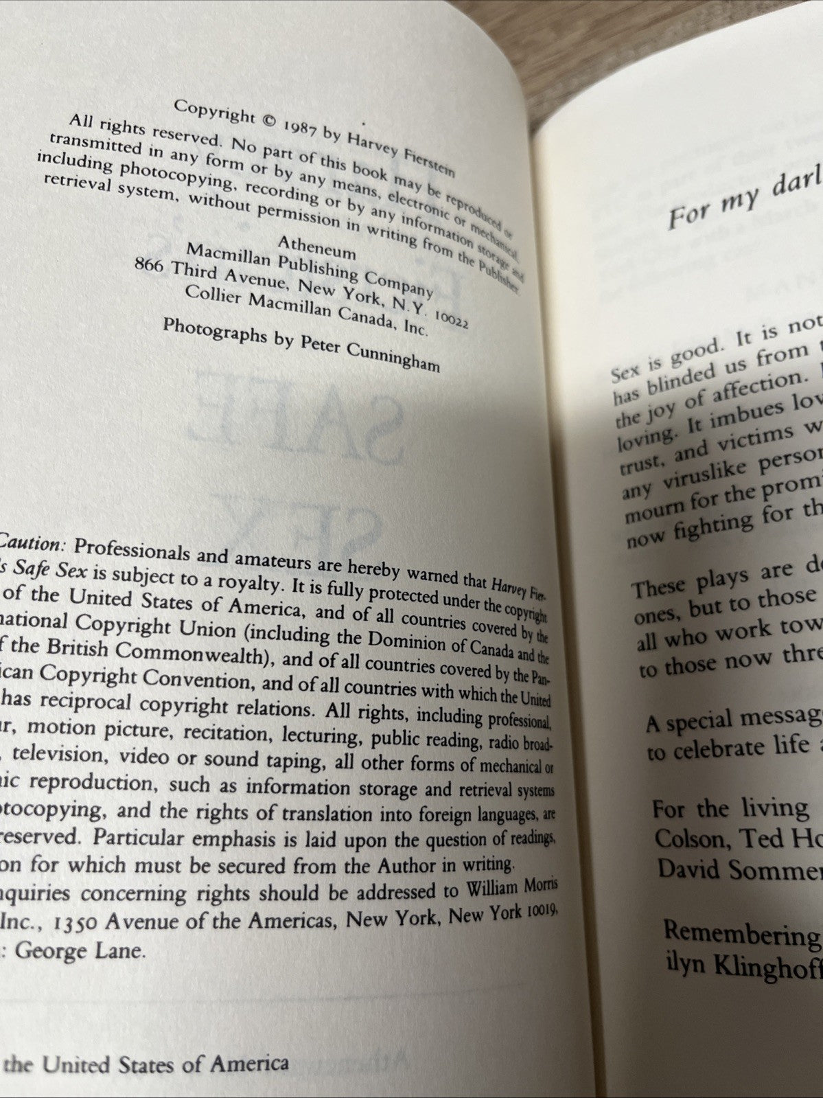 Harvey FIERSTEIN SAFE SEX 1st Edition 1987 by The Author Of Torch Song Trilogy