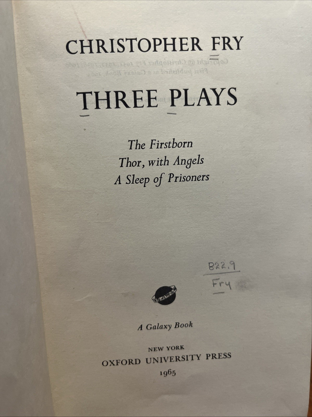 CHRISTOPHER FRY-THREE PLAYS (1965) THE FIRSTBORN/THOR/SLEEP PRISONERS VG+ EX LIB