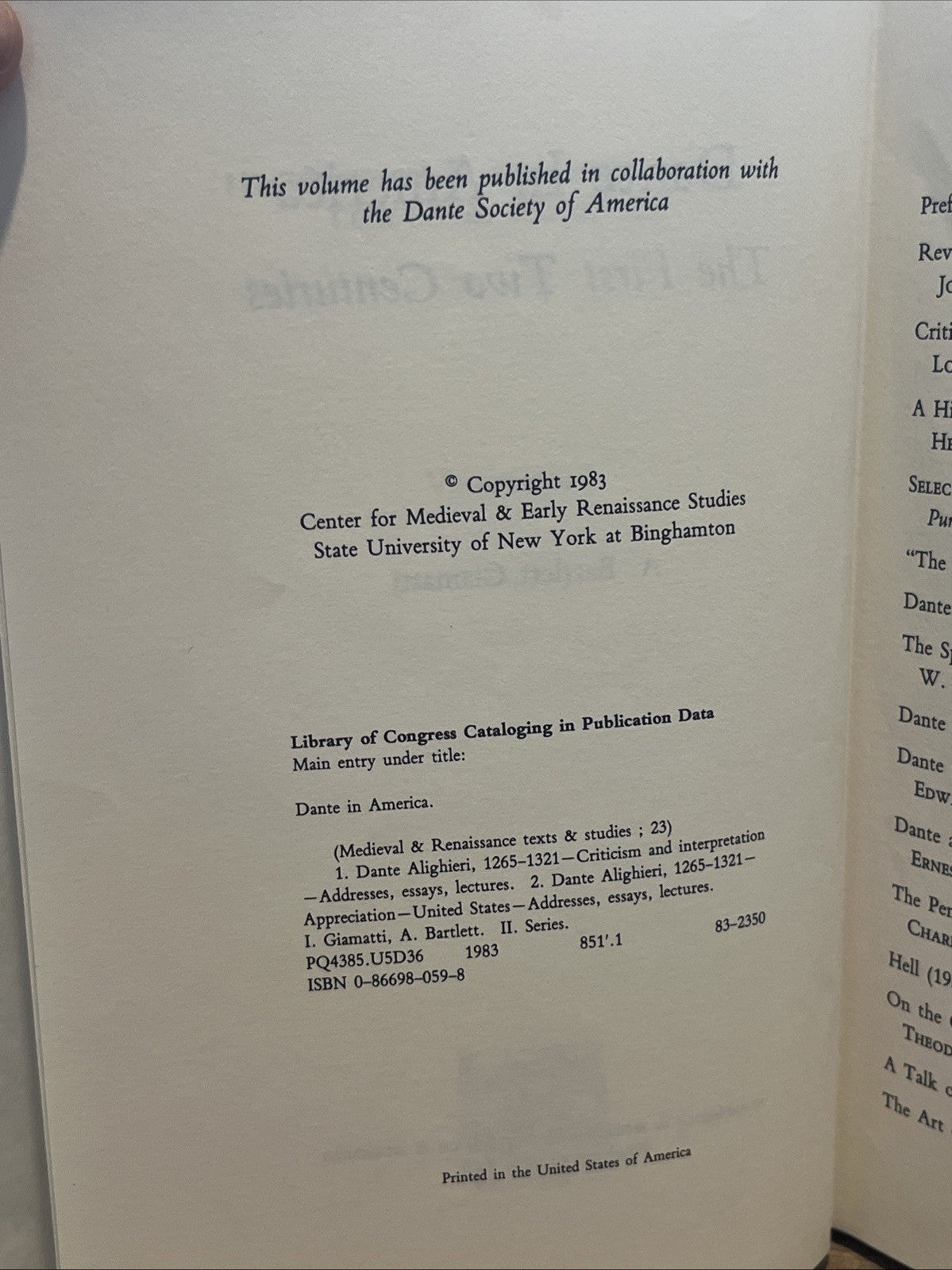 Bartlett Giamatti, A. (Ed.) Dante In America: The First Two Centuries / Edited
